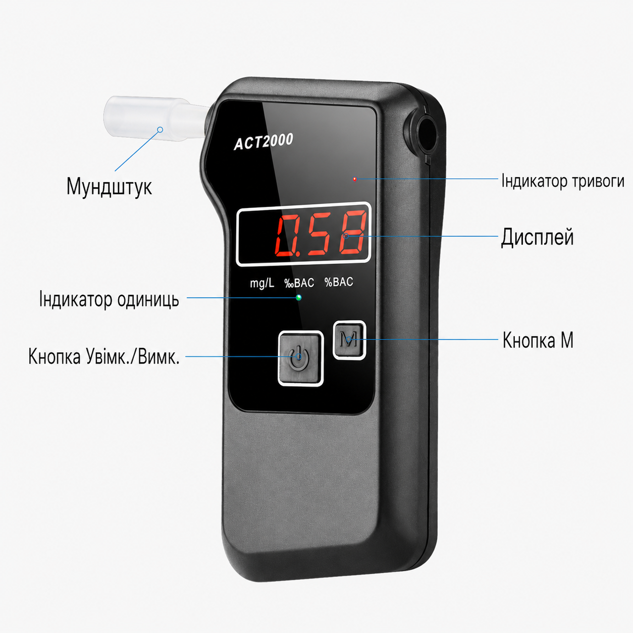 алкотестер ACT1688 дисплей 1,7 дюйма та пам'ять на 50 тестів
