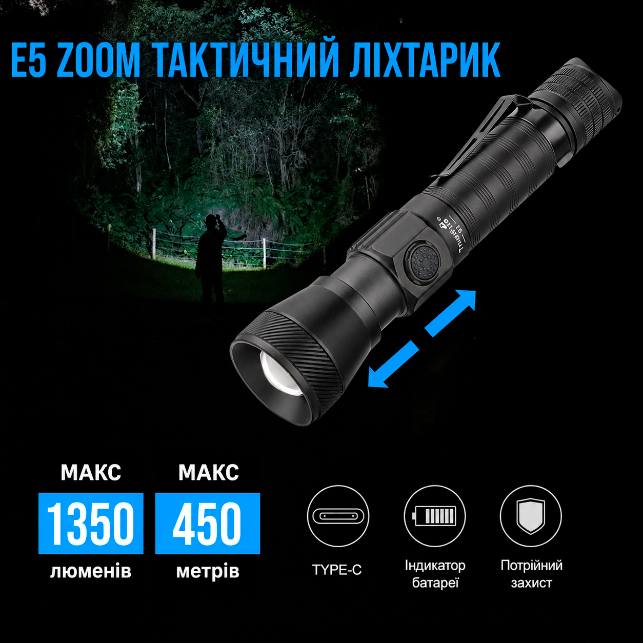 TrustFire E5 акумуляторний ліхтар 18650 із заряджанням USB Type-C