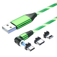 Светящийся кабель USB Type-C, Micro USB, Lightning (магнитный, поворачивается, зеленый)