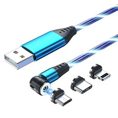 Светящийся кабель USB Type-C, Micro USB, Lightning (магнитный, поворачивается, синий)